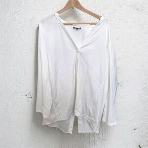 Theory White V-Neck Tunic Blouse – Minimalist Draped Fit M cotton